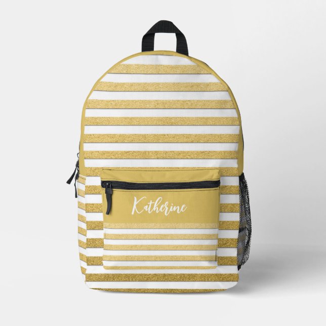 Stylish Gold White Stripes Personalised Printed Backpack (Front)