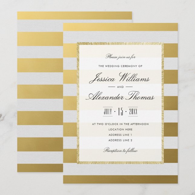 Stylish Gold & White Stripes Wedding Invitation (Front/Back)