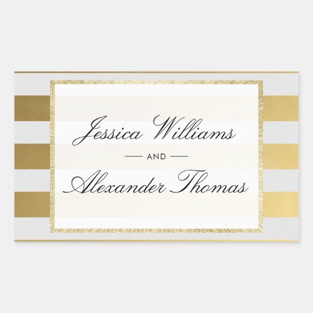 Stylish Gold & White Stripes Wedding Rectangular Sticker (Front)