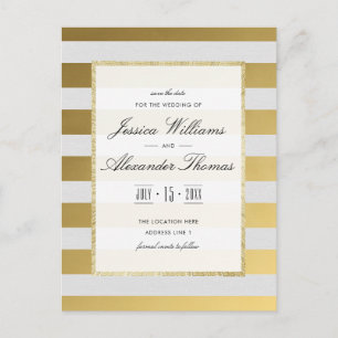 Stylish Gold & White Stripes Wedding Save The Date Announcement Postcard