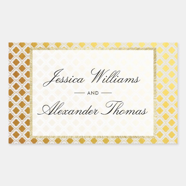 Stylish Gold & White Wedding Rectangular Sticker (Front)