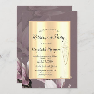 Stylish Gold Wine Glass Magnolia Retirement Invitation