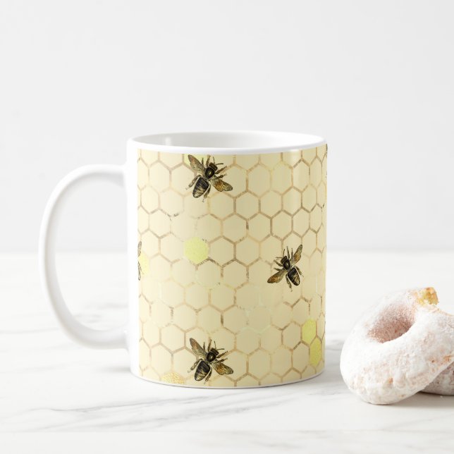 Stylish Gold Yellow Bees Honeycomb Coffee Mug (With Donut)