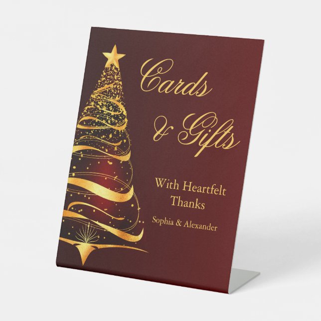 Stylish Golden Christmas Tree cards gifts Wedding Pedestal Sign (Front)