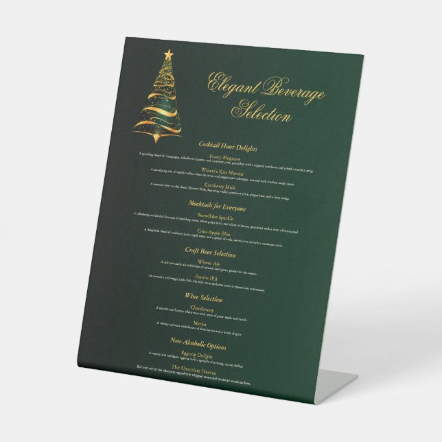 Stylish Golden Christmas Tree Wedding Drink Menu Pedestal Sign (Front)