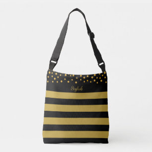 Stylish golden confetti on black & golden striped crossbody bag
