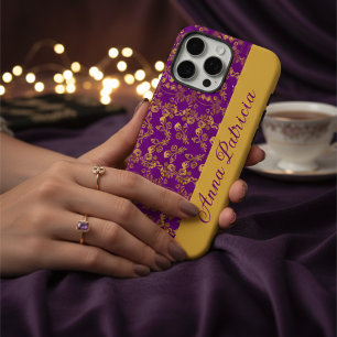Stylish Golden Damask swirl floral on purple iPhone 16 Pro Max Case