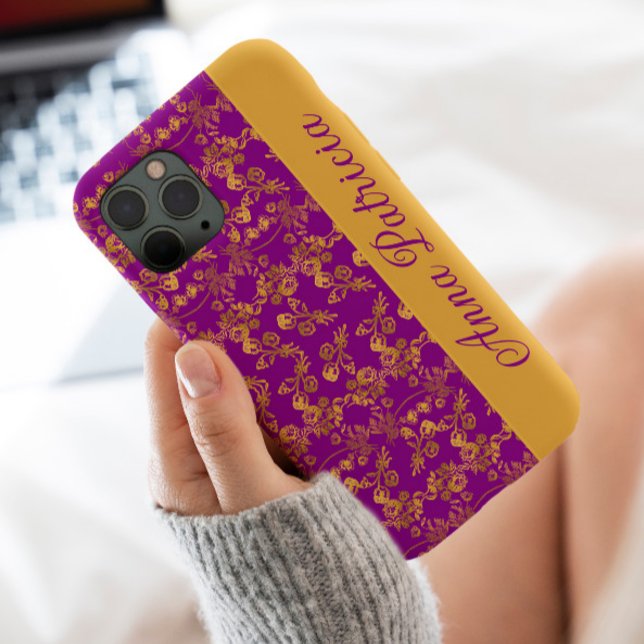 Stylish Golden Damask swirl floral on purple Case-Mate iPhone Case (Creator Uploaded)