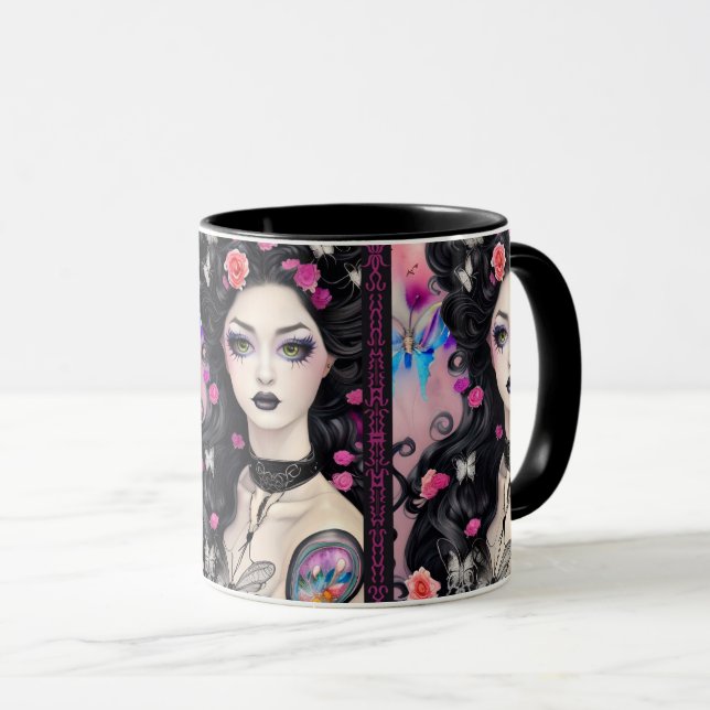 Stylish Goth Tattoo Girl Black and Pink Mug (Front Right)