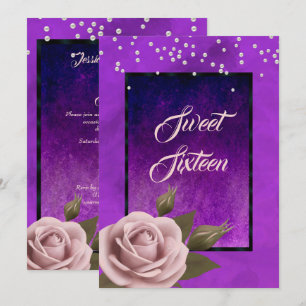 Stylish Gothic Purple With Rose & Beads Sweet 16 Invitation