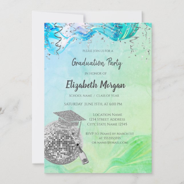 Stylish Grad Cap,Disco Ball,Wine Green Abstract Invitation (Front)