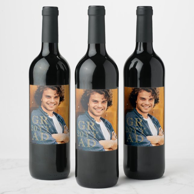 Stylish Grad Photo Date Graduation Gold Script Wine Label (Bottles)