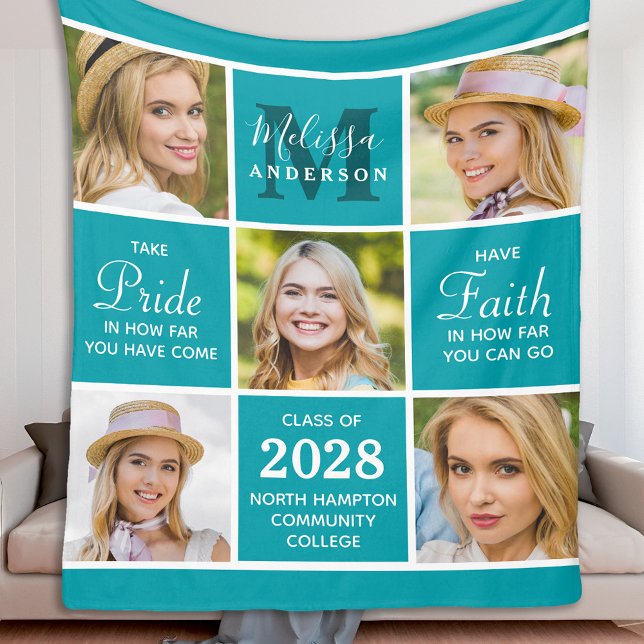 Stylish Graduate 5 Photo Collage Graduation Fleece Blanket (Creator Uploaded)