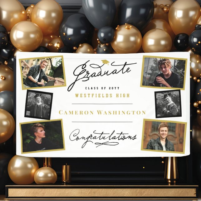 Stylish Graduate Script 6 Photo Graduation Party Banner (Simple Stylish Graduate Script 6 Multi Photo Graduation Party Banner @ www.zazzle.com/color_therapy)
