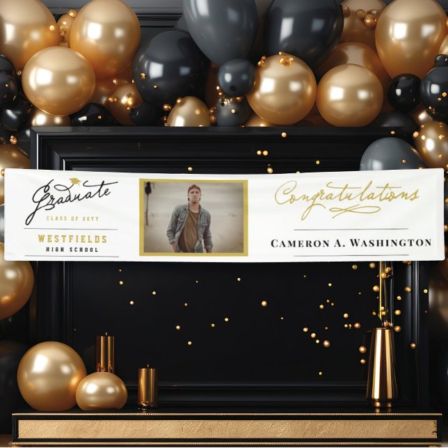 Stylish Graduate Script One Photo Graduation Party Banner (Simple Stylish Graduate Script 1 Photo Modern Graduation Party Banner @ www.zazzle.com/color_therapy)