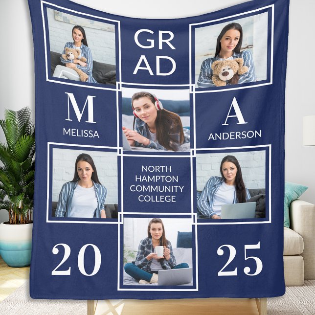 Stylish Graduation 6 Photo Navy Blue Graduation  Fleece Blanket (Creator Uploaded)