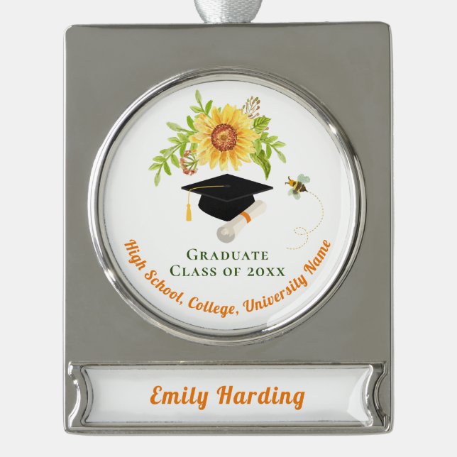 Stylish Graduation Cap And Floral Flower Silver Plated Banner Ornament (Front)