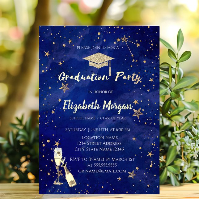 Stylish Graduation Cap,Wine Glass Stars Graduation Invitation (Creator Uploaded)