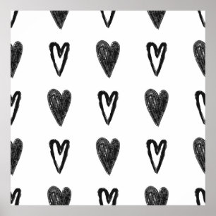 Stylish graphic seamless pattern with hearts. Blac Poster