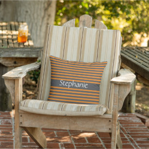 Stylish Gray Orange Stripes White Custom Name Cushion