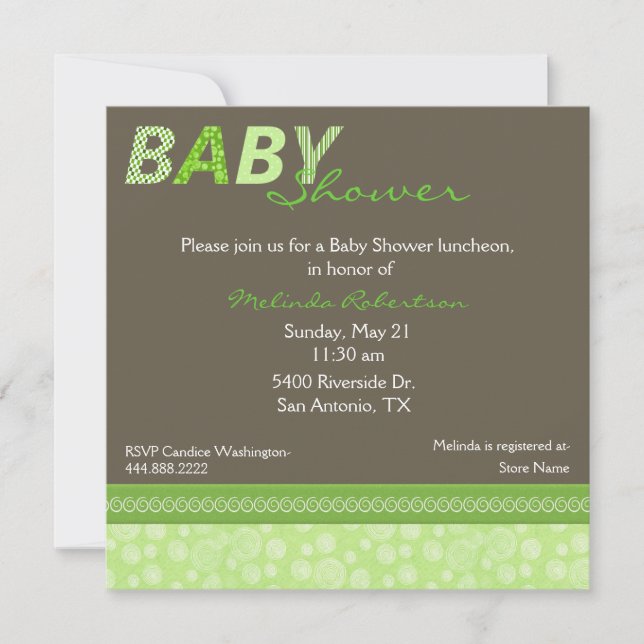 Stylish Green and Brown Baby Shower Invitation (Front)