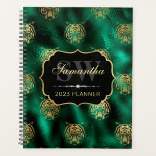 Stylish Green and Gold Foil Tiger Face Monogram Planner