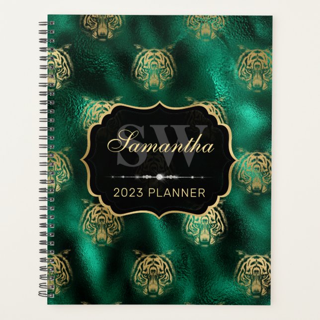 Stylish Green and Gold Foil Tiger Face Monogram Planner (Front)