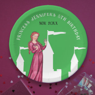 Stylish Green And Pink Princess Fairytale Castle Paper Plate