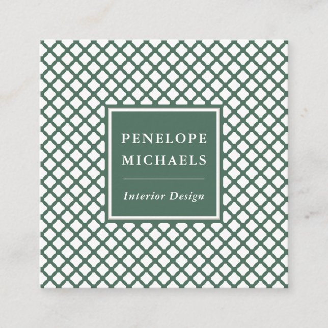 Stylish Green and White Geometric Square Business Card (Front)