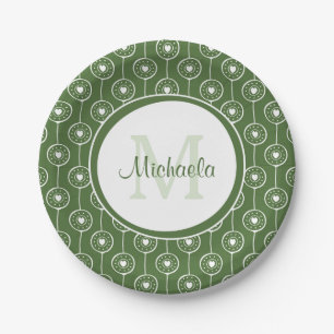 Stylish Green and White Hearts Monogram With Name Paper Plate