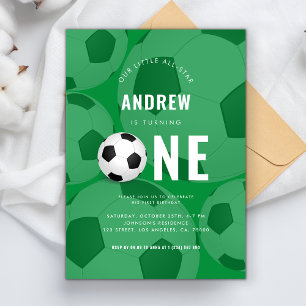 Stylish Green Ball Soccer Theme 1st Birthday Party Invitation