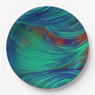 Stylish Green Blue Abstract Feathers Paper Plate