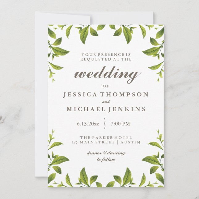 Stylish Green Botanical Leaves Wedding Invitation (Front)