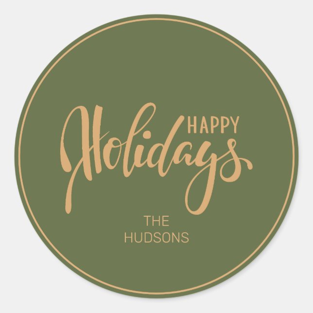 Stylish Green & Faux Gold Happy Holidays Chrismas Classic Round Sticker (Front)