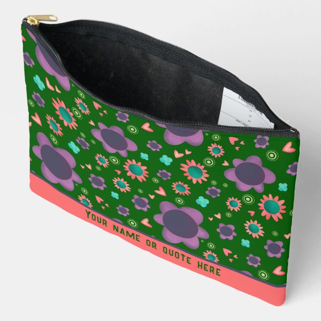 Stylish Green Floral Pattern Custom Cosmetic Bag (Open)