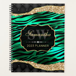 Stylish Green Foil Tiger Stripes & gold Monogram Planner