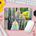 Stylish green fuzzy cacti photo custom name script mouse pad<br><div class="desc">These green, fuzzy orange-tipped cacti will have you dreaming of sunny days and the peaceful atmosphere of a summer’s garden whenever you use this stunning photography custom name mousepad. Makes a great gift for someone special! Just type in the name of your choice and you can easily personalise this custom...</div>