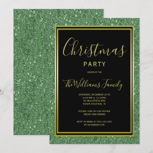 Stylish Green Glitter, Gold Framed Christmas Party Invitation