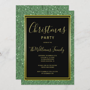 Stylish Green Glitter, Gold Framed Christmas Party Invitation
