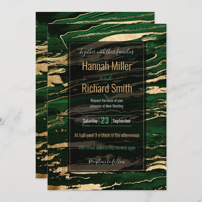 Stylish Green Gold Abstract Marble Invitation (Front/Back)