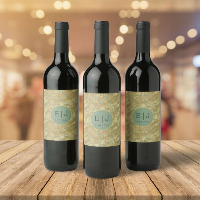 Stylish Green & Gold Dahlias Pattern Monogram  Wine Label (Creator Uploaded)