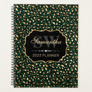 Stylish Green & gold foil leopard spots Monogram Planner