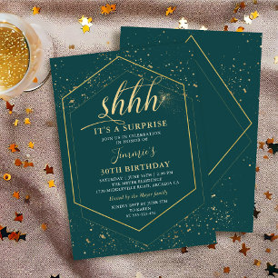 Stylish Green Gold Geometric Surprise Birthday Invitation