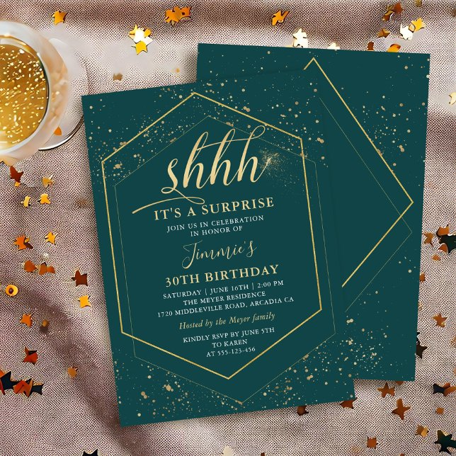 Stylish Green Gold Geometric Surprise Birthday Invitation (Creator Uploaded)