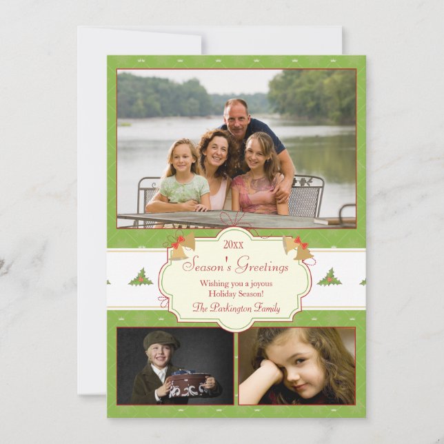 Stylish green holly 3 photo Christmas holiday card (Front)