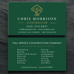 Stylish Green Home Repairs Construction Gold Logo Business Card
