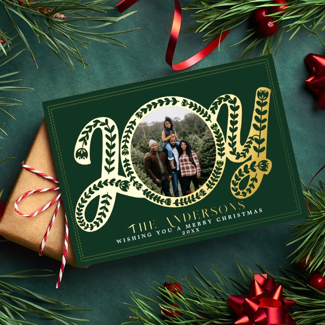 Stylish Green Joy Christmas Photo Holiday Card (Creator Uploaded)