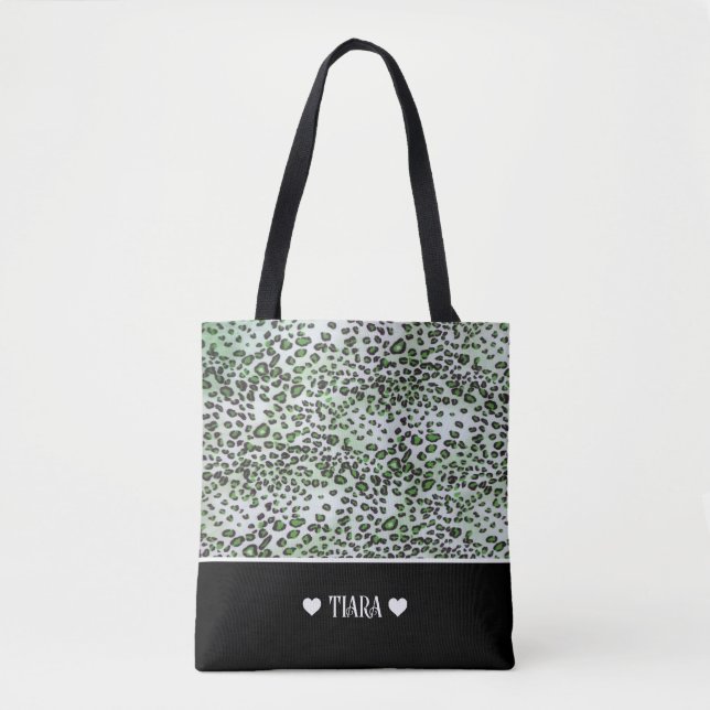 Stylish Green Leopard & Black Colour Personalised Tote Bag (Front)