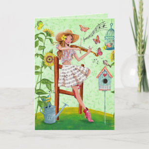 Stylish green music girl & violin summer Greeting Card