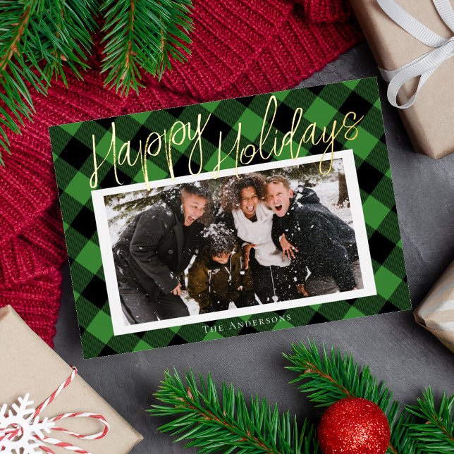 Stylish Green Plaid Photo Foil Holiday Card (Creator Uploaded)